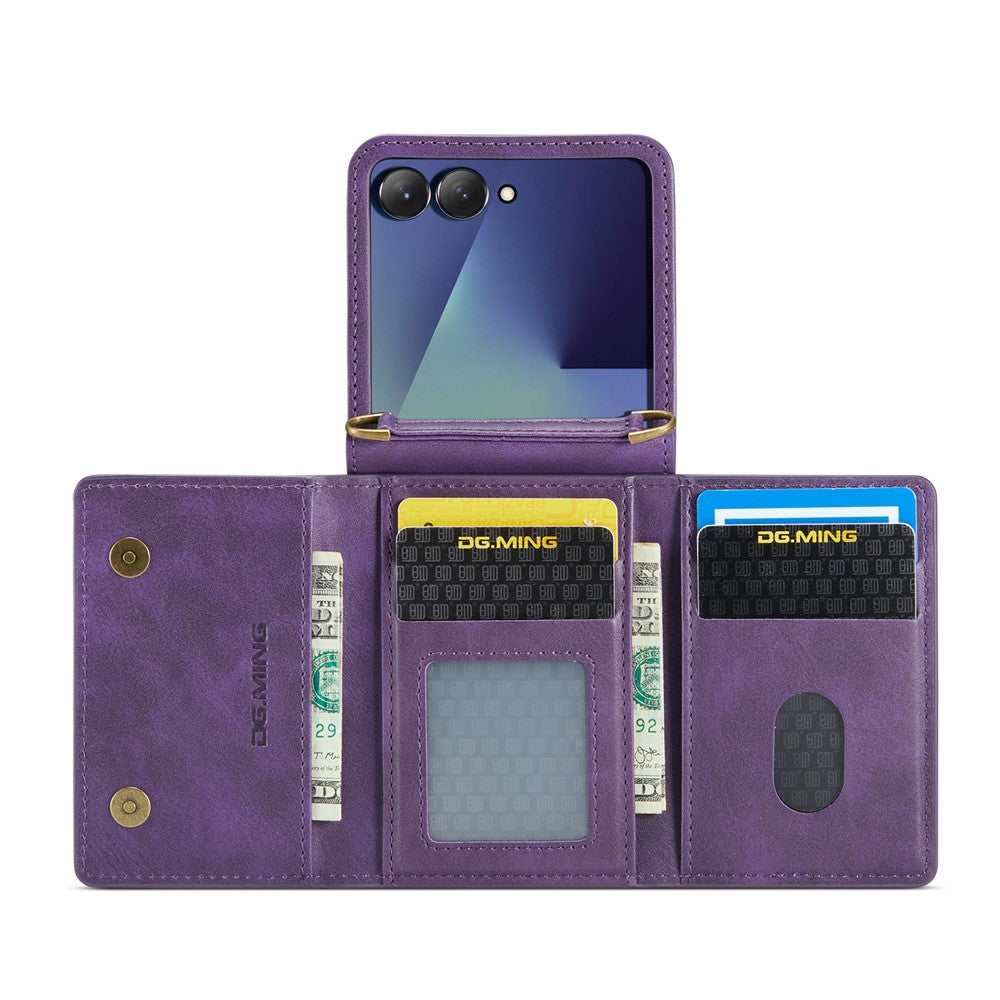 DG.MING M5 Series for Samsung Galaxy Z Flip7 5G Case RFID Blocking Card Slots Leather + PC Phone Cover - Purple