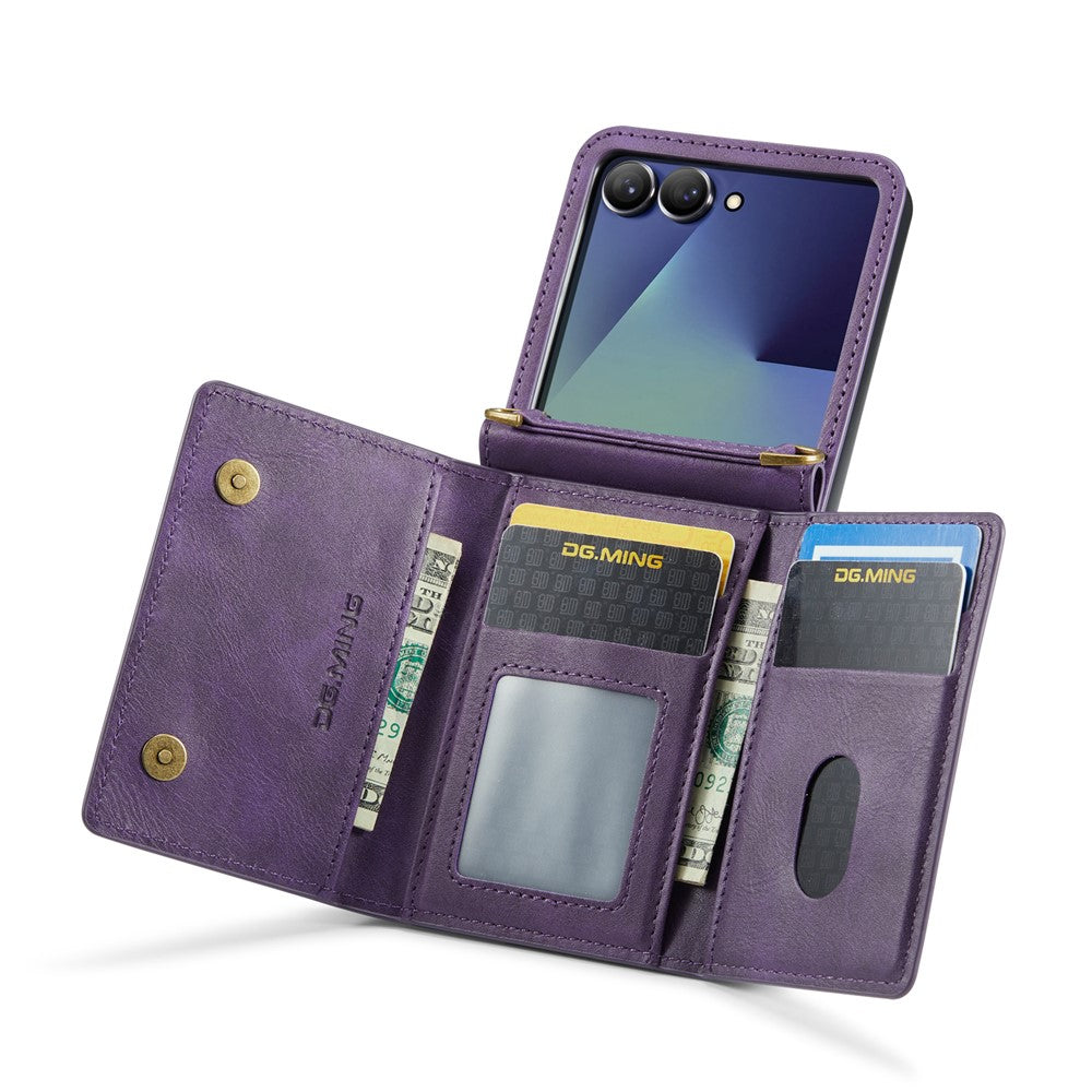 DG.MING M5 Series for Samsung Galaxy Z Flip7 5G Case RFID Blocking Card Slots Leather + PC Phone Cover - Purple