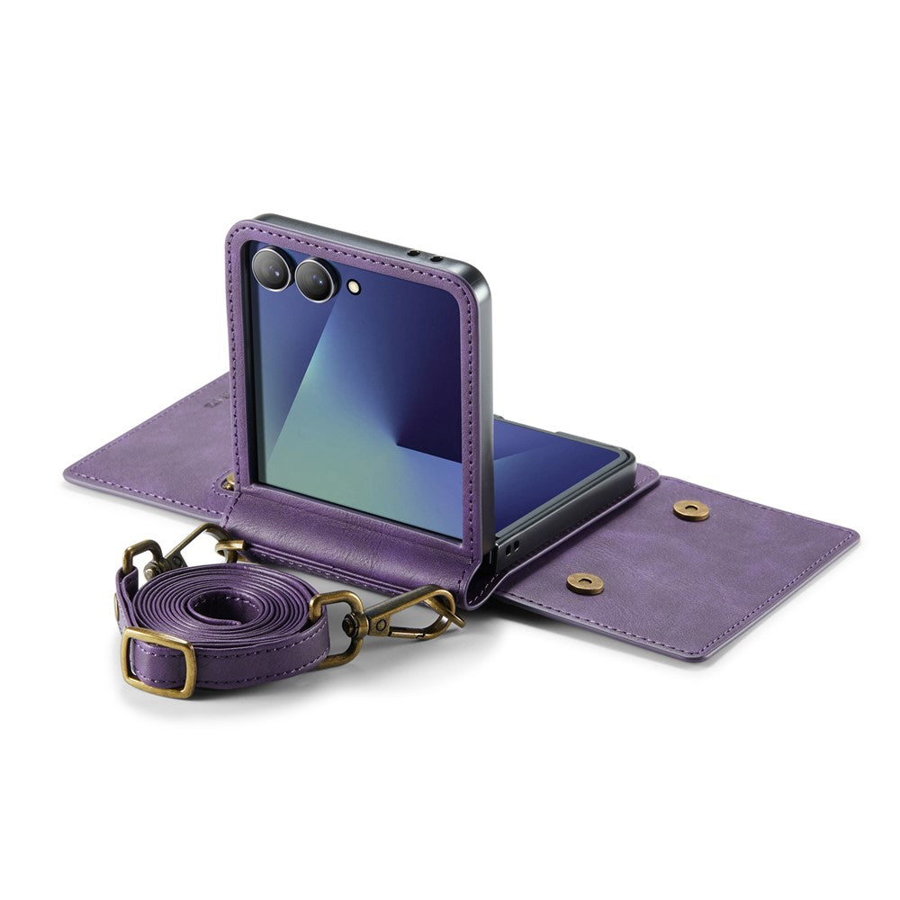 DG.MING M5 Series for Samsung Galaxy Z Flip7 5G Case RFID Blocking Card Slots Leather + PC Phone Cover - Purple