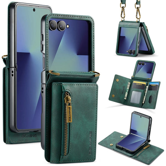 DG.MING M5 Series for Samsung Galaxy Z Flip7 5G Case RFID Blocking Card Slots Leather + PC Phone Cover - Green