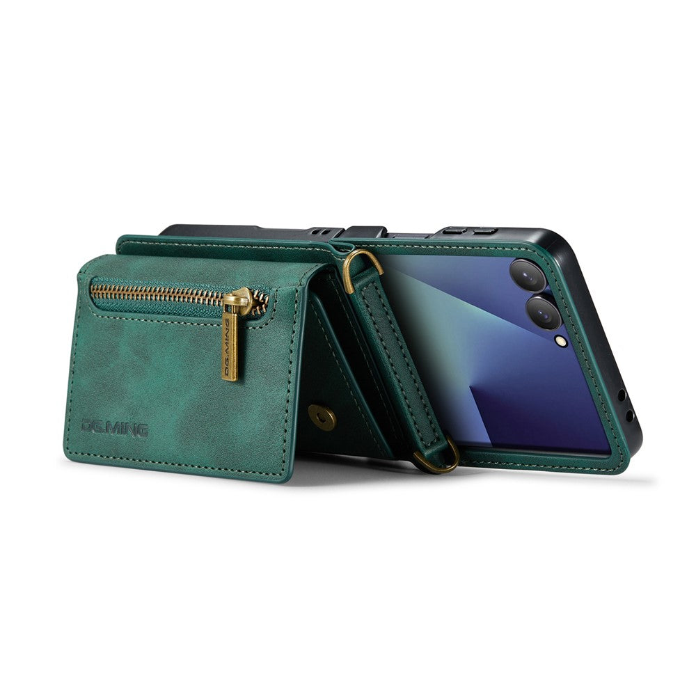 DG.MING M5 Series for Samsung Galaxy Z Flip7 5G Case RFID Blocking Card Slots Leather + PC Phone Cover - Green