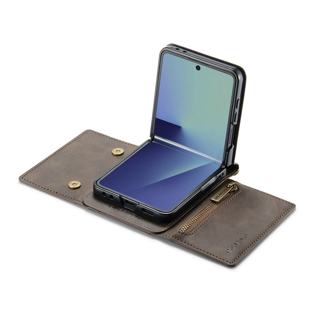 DG.MING M5 Series for Samsung Galaxy Z Flip7 5G Case RFID Blocking Card Slots Leather + PC Phone Cover - Coffee