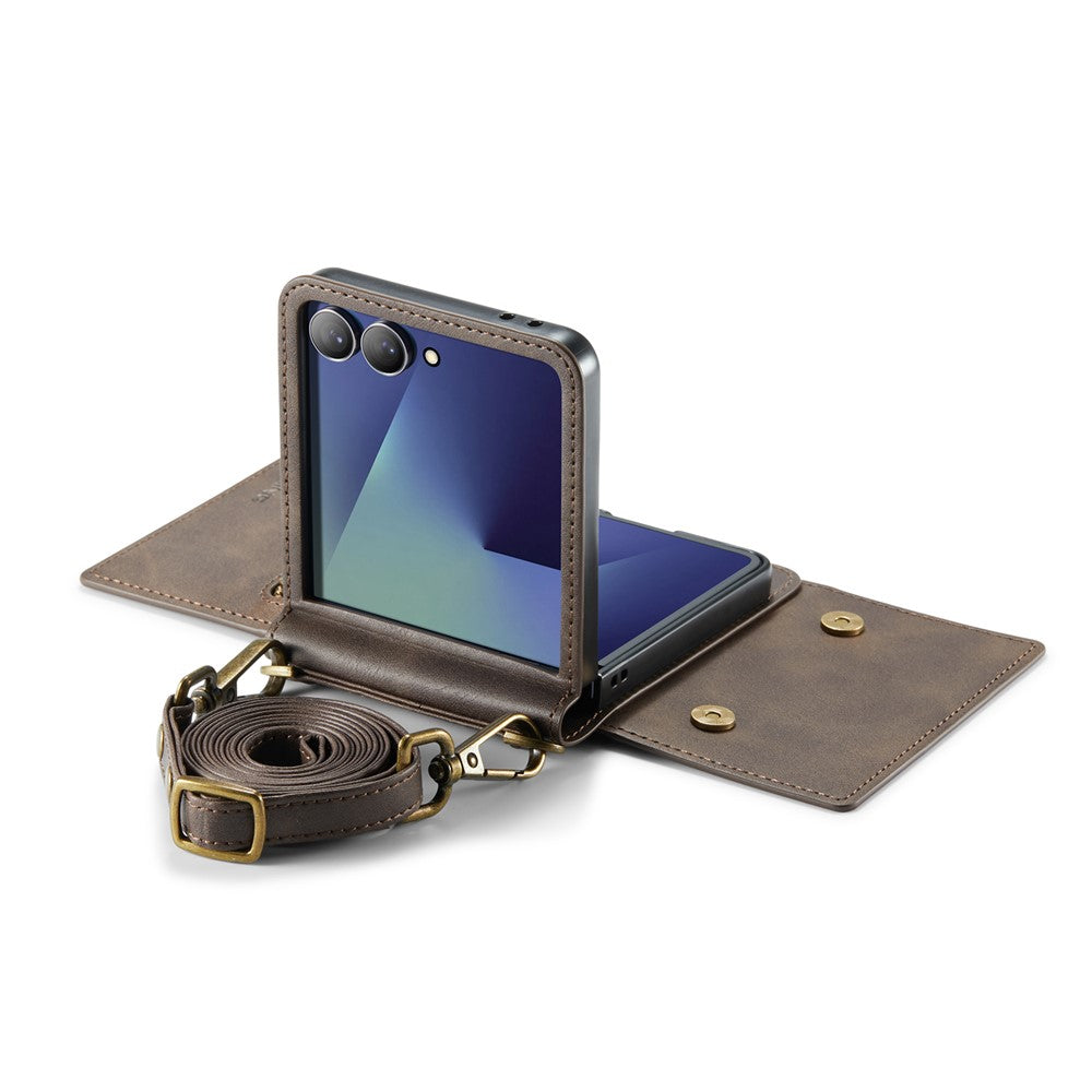 DG.MING M5 Series for Samsung Galaxy Z Flip7 5G Case RFID Blocking Card Slots Leather + PC Phone Cover - Coffee
