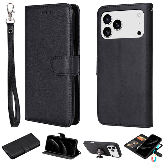 For iPhone 17 Pro Max Case 2 in 1 Detachable Magnetic Leather Wallet Mobile Cover with Strap - Black