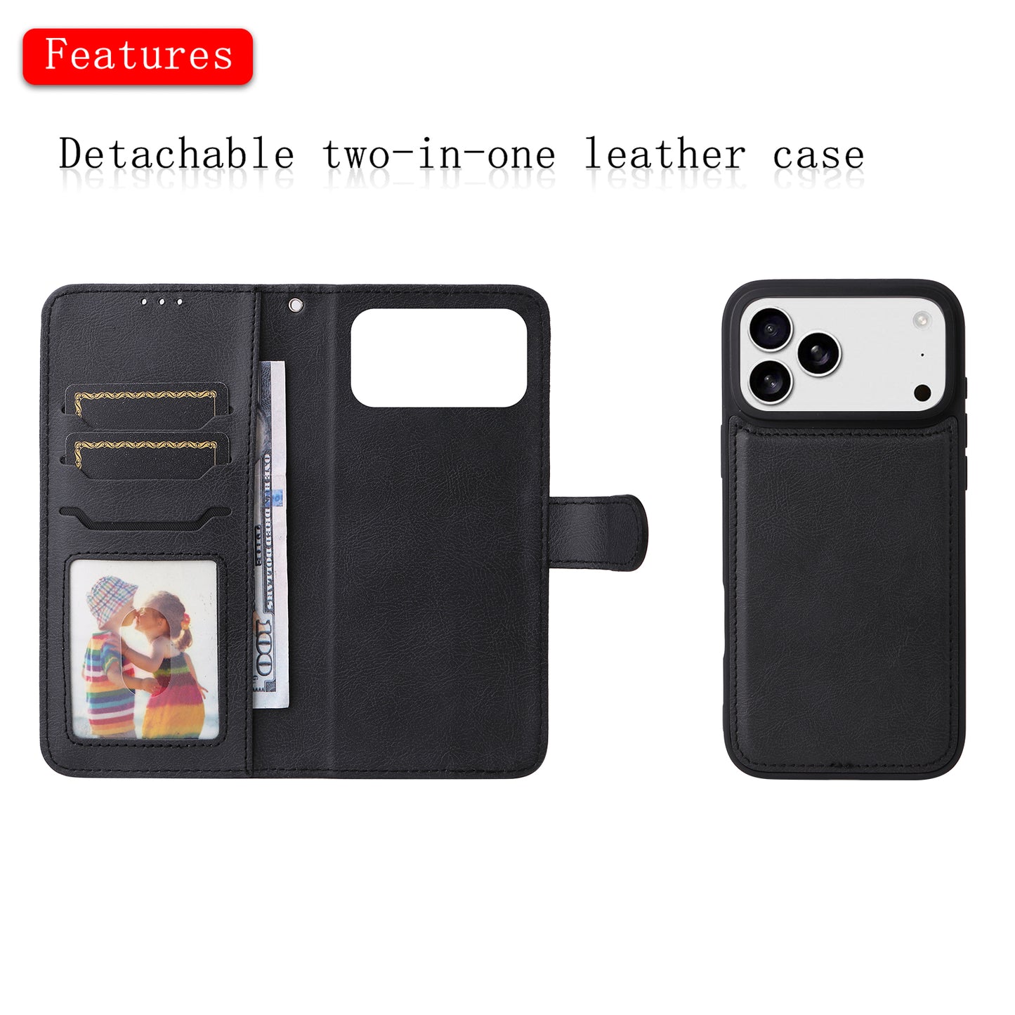 For iPhone 17 Pro Max Case 2 in 1 Detachable Magnetic Leather Wallet Mobile Cover with Strap - Black