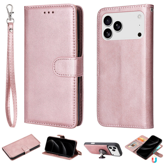 For iPhone 17 Pro Max Case 2 in 1 Detachable Magnetic Leather Wallet Mobile Cover with Strap - Rose Gold