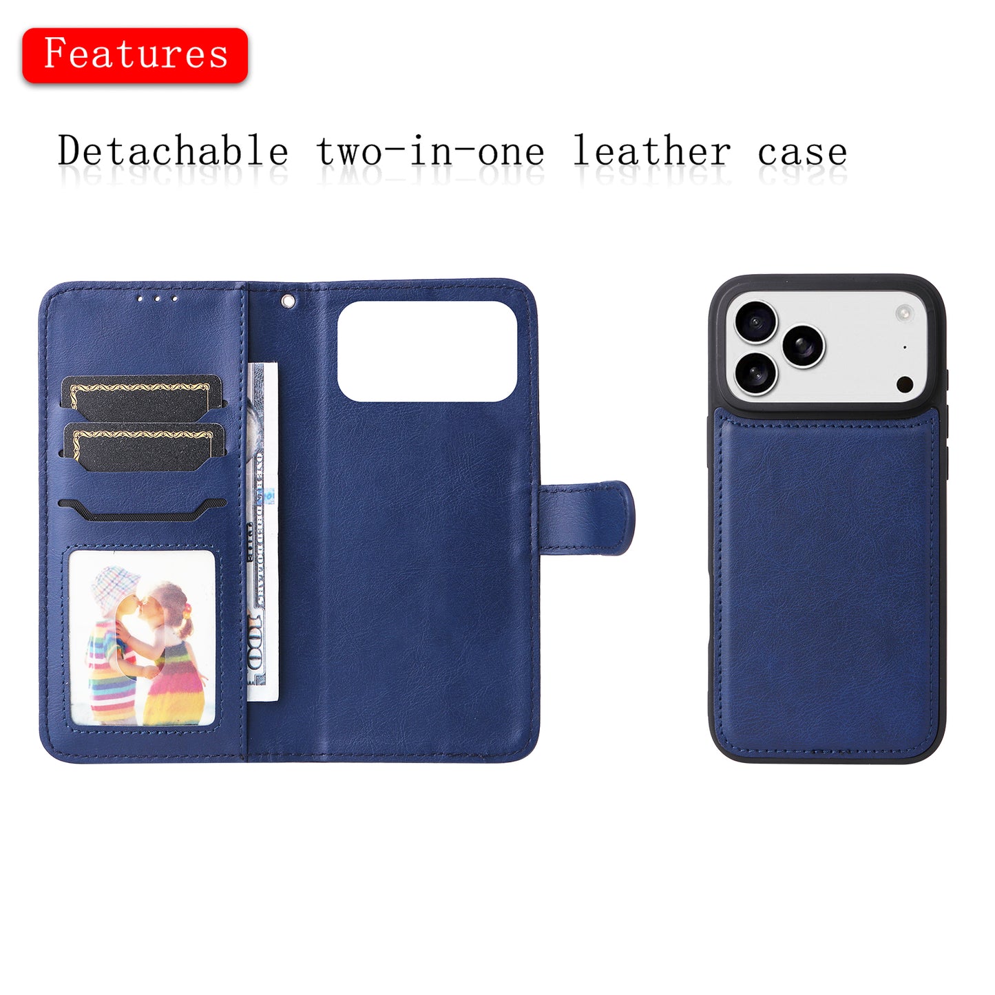 For iPhone 17 Pro Max Case 2 in 1 Detachable Magnetic Leather Wallet Mobile Cover with Strap - Blue
