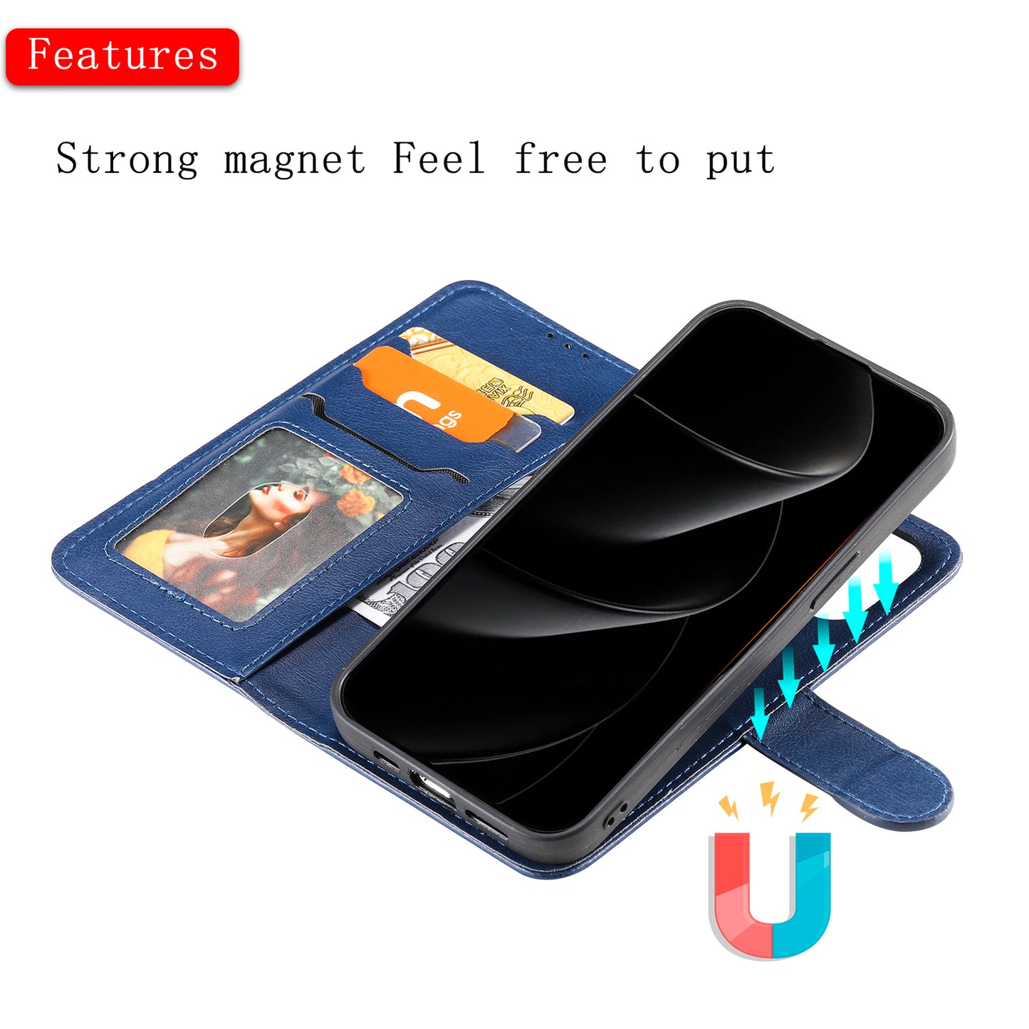 For iPhone 17 Pro Max Case 2 in 1 Detachable Magnetic Leather Wallet Mobile Cover with Strap - Blue