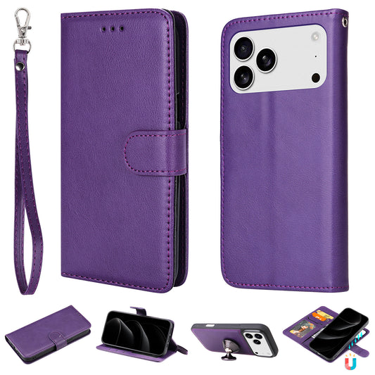 For iPhone 17 Pro Max Case 2 in 1 Detachable Magnetic Leather Wallet Mobile Cover with Strap - Purple