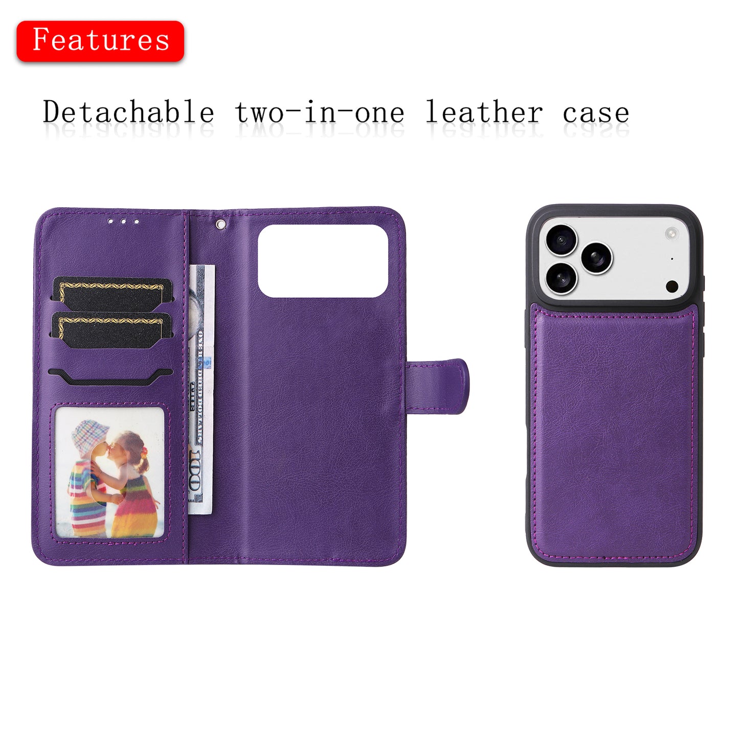 For iPhone 17 Pro Max Case 2 in 1 Detachable Magnetic Leather Wallet Mobile Cover with Strap - Purple