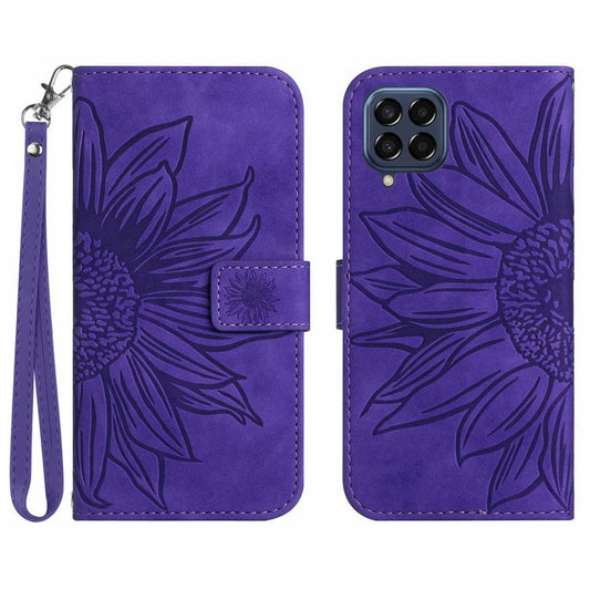 For Samsung Galaxy M33 5G (Global Version) HT04 Skin-Touch PU Leather Phone Shockproof Case Imprinted Sunflower Flip Stand Wallet Cover with Hand Strap - Dark Purple