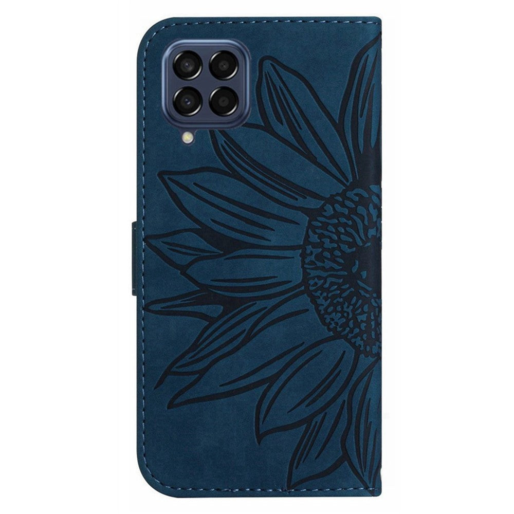 For Samsung Galaxy M33 5G (Global Version) HT04 Skin-Touch PU Leather Phone Shockproof Case Imprinted Sunflower Flip Stand Wallet Cover with Hand Strap - Dark Blue