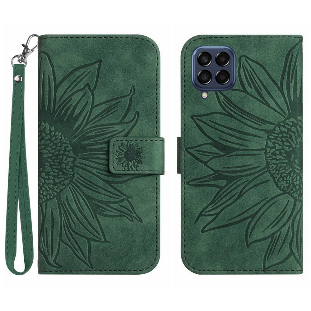 For Samsung Galaxy M33 5G (Global Version) HT04 Skin-Touch PU Leather Phone Shockproof Case Imprinted Sunflower Flip Stand Wallet Cover with Hand Strap - Dark Green