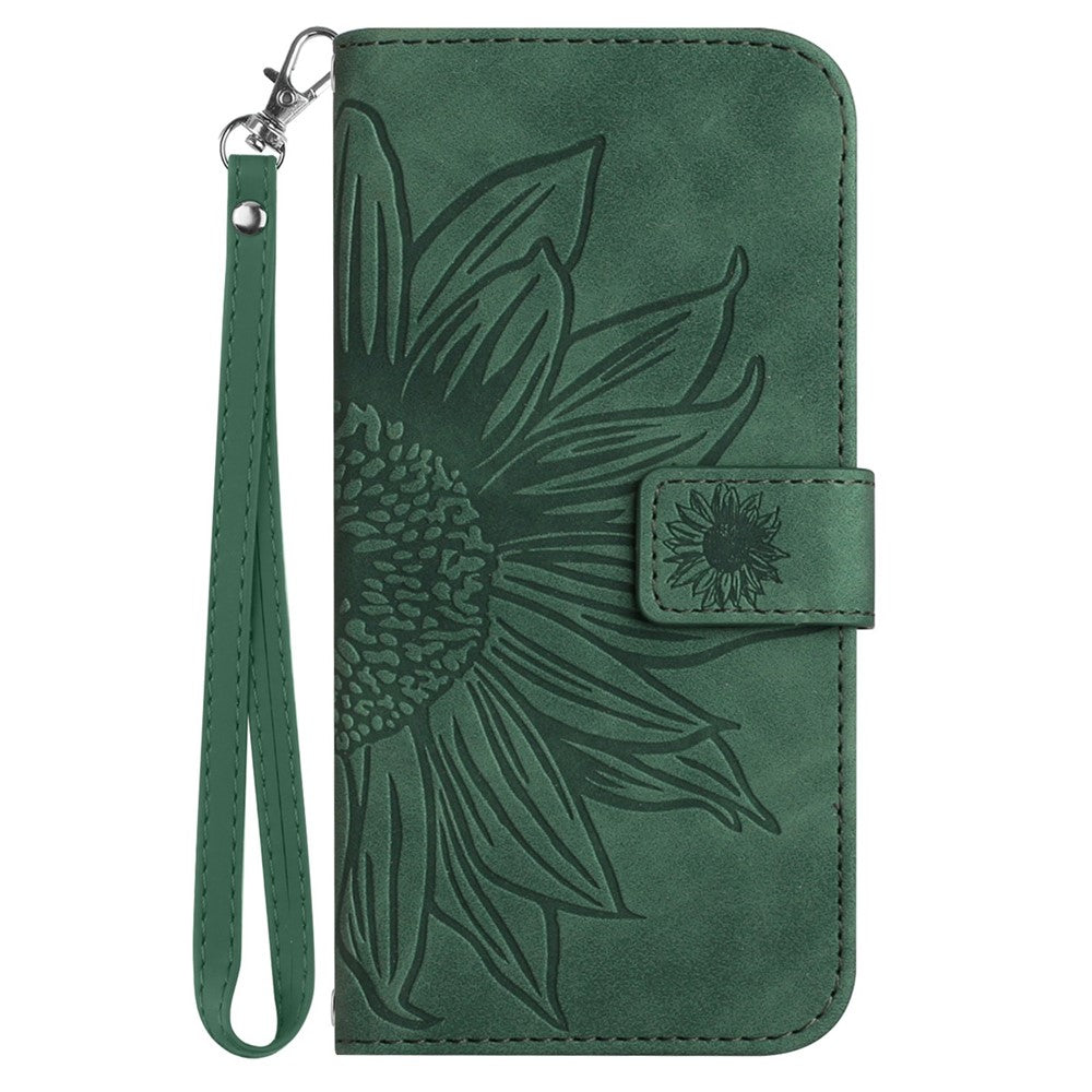 For Samsung Galaxy M33 5G (Global Version) HT04 Skin-Touch PU Leather Phone Shockproof Case Imprinted Sunflower Flip Stand Wallet Cover with Hand Strap - Dark Green
