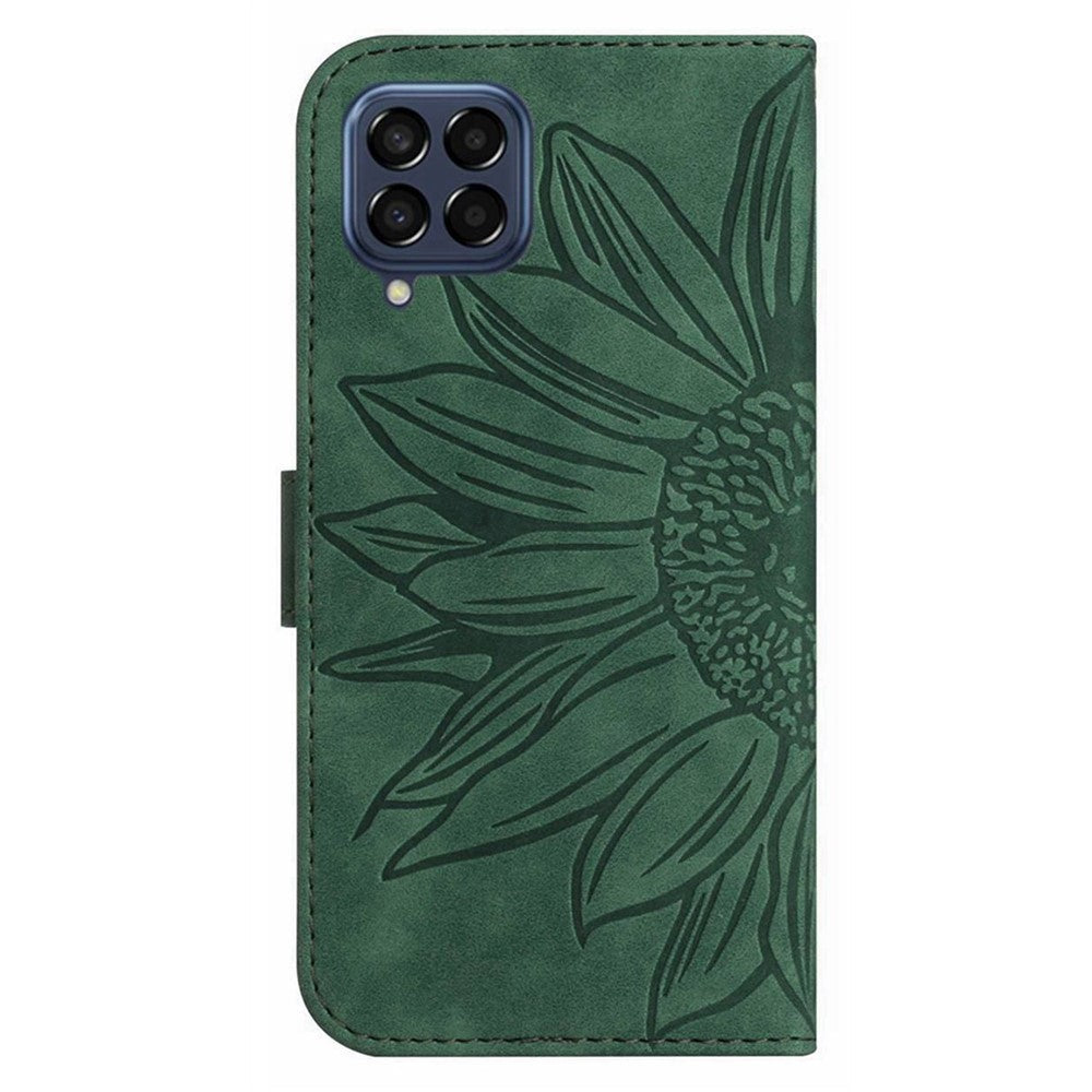 For Samsung Galaxy M33 5G (Global Version) HT04 Skin-Touch PU Leather Phone Shockproof Case Imprinted Sunflower Flip Stand Wallet Cover with Hand Strap - Dark Green