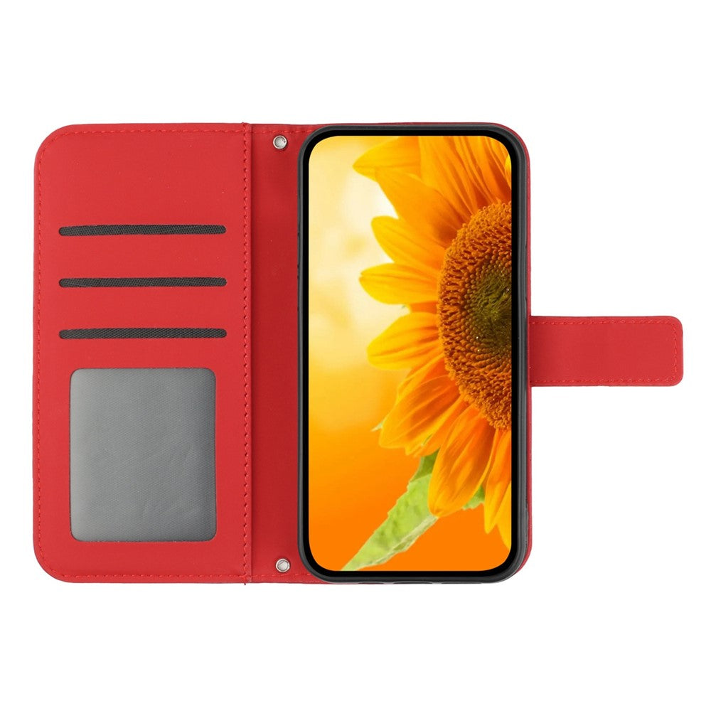 For Samsung Galaxy M33 5G (Global Version) HT04 Skin-Touch PU Leather Phone Shockproof Case Imprinted Sunflower Flip Stand Wallet Cover with Hand Strap - Red