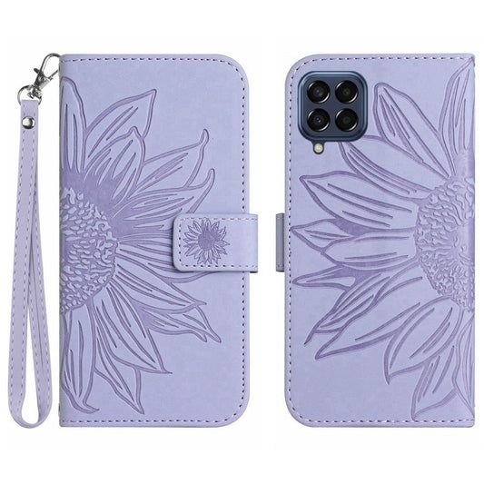 For Samsung Galaxy M33 5G (Global Version) HT04 Skin-Touch PU Leather Phone Shockproof Case Imprinted Sunflower Flip Stand Wallet Cover with Hand Strap - Light Purple