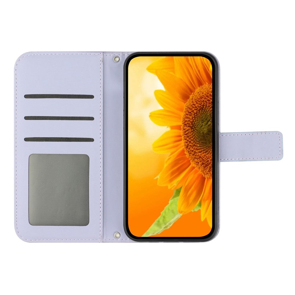 For Samsung Galaxy M33 5G (Global Version) HT04 Skin-Touch PU Leather Phone Shockproof Case Imprinted Sunflower Flip Stand Wallet Cover with Hand Strap - Light Purple