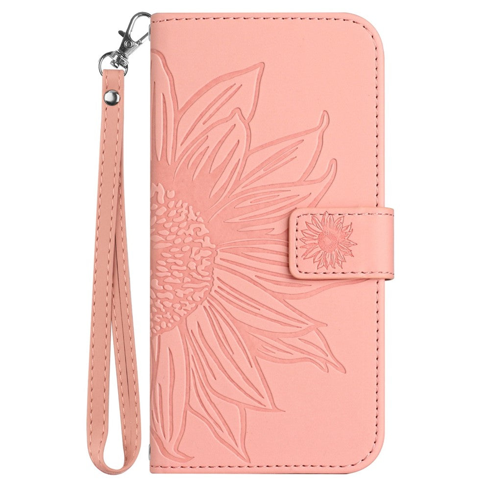 For Samsung Galaxy M33 5G (Global Version) HT04 Skin-Touch PU Leather Phone Shockproof Case Imprinted Sunflower Flip Stand Wallet Cover with Hand Strap - Light Pink
