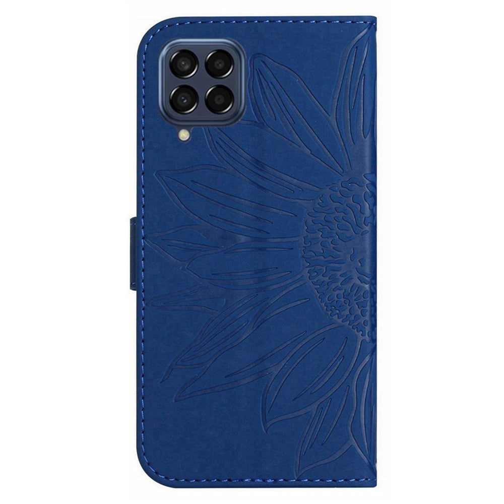 For Samsung Galaxy M33 5G (Global Version) HT04 Skin-Touch PU Leather Phone Shockproof Case Imprinted Sunflower Flip Stand Wallet Cover with Hand Strap - Sapphire