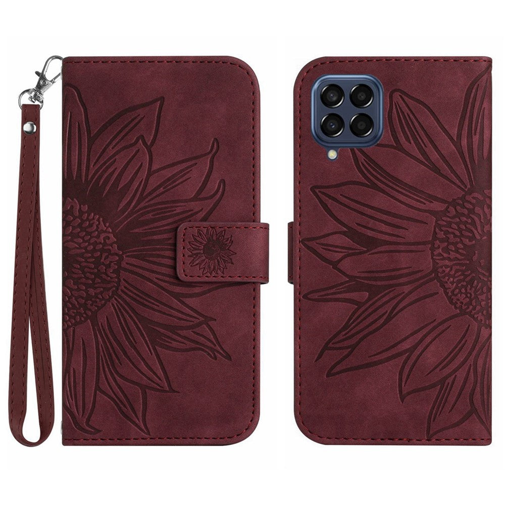 For Samsung Galaxy M33 5G (Global Version) HT04 Skin-Touch PU Leather Phone Shockproof Case Imprinted Sunflower Flip Stand Wallet Cover with Hand Strap - Wine Red