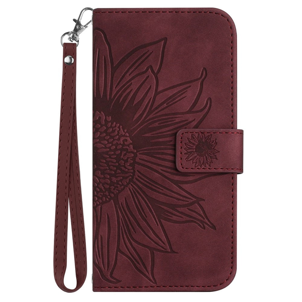 For Samsung Galaxy M33 5G (Global Version) HT04 Skin-Touch PU Leather Phone Shockproof Case Imprinted Sunflower Flip Stand Wallet Cover with Hand Strap - Wine Red