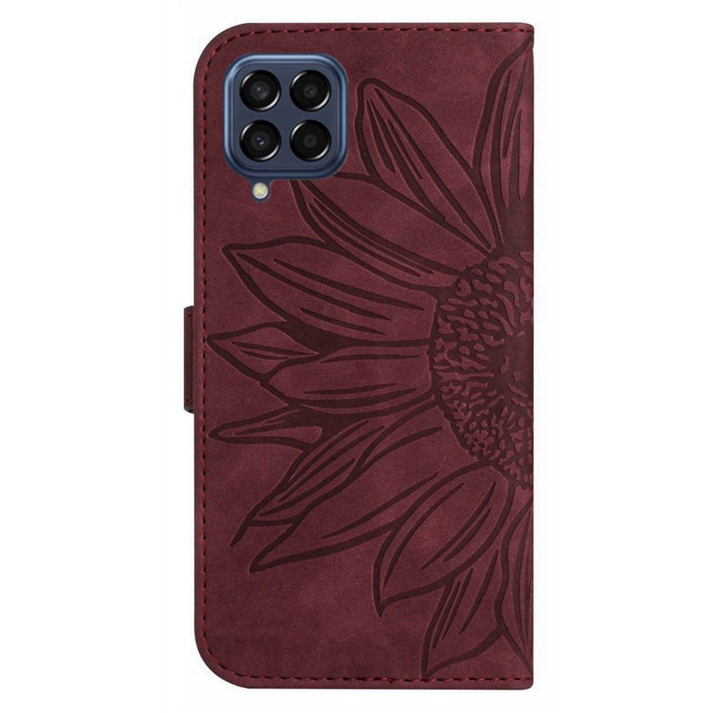 For Samsung Galaxy M33 5G (Global Version) HT04 Skin-Touch PU Leather Phone Shockproof Case Imprinted Sunflower Flip Stand Wallet Cover with Hand Strap - Wine Red
