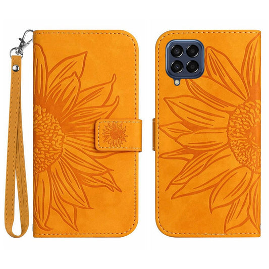 For Samsung Galaxy M33 5G (Global Version) HT04 Skin-Touch PU Leather Phone Shockproof Case Imprinted Sunflower Flip Stand Wallet Cover with Hand Strap - Yellow