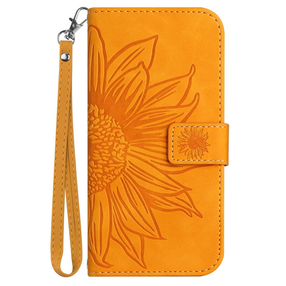 For Samsung Galaxy M33 5G (Global Version) HT04 Skin-Touch PU Leather Phone Shockproof Case Imprinted Sunflower Flip Stand Wallet Cover with Hand Strap - Yellow