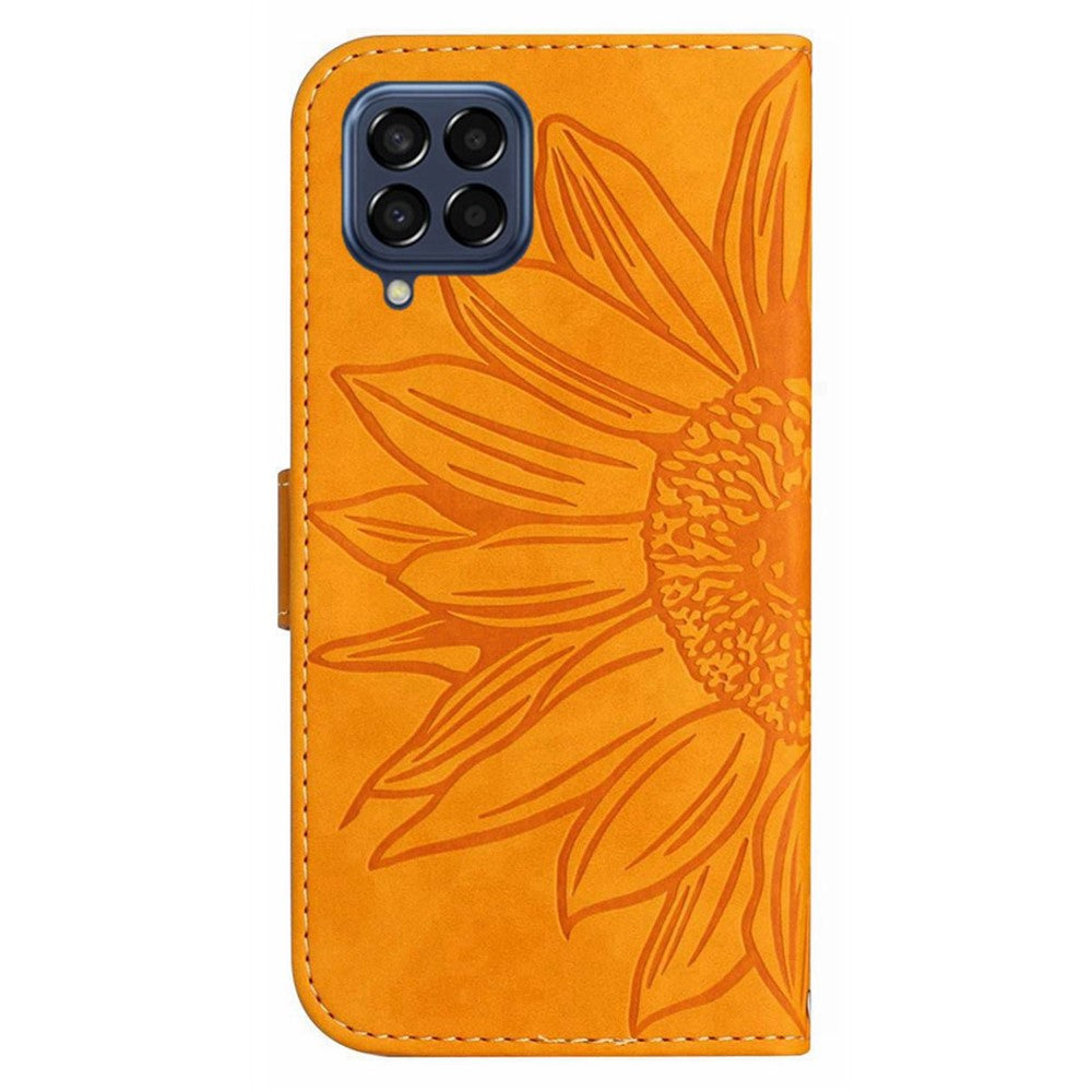 For Samsung Galaxy M33 5G (Global Version) HT04 Skin-Touch PU Leather Phone Shockproof Case Imprinted Sunflower Flip Stand Wallet Cover with Hand Strap - Yellow