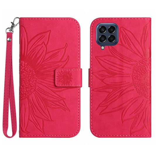 For Samsung Galaxy M33 5G (Global Version) HT04 Skin-Touch PU Leather Phone Shockproof Case Imprinted Sunflower Flip Stand Wallet Cover with Hand Strap - Rose