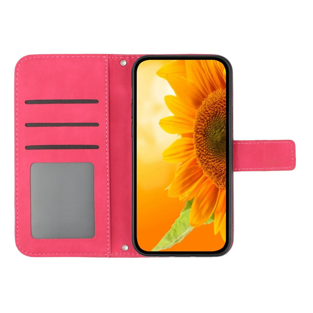 For Samsung Galaxy M33 5G (Global Version) HT04 Skin-Touch PU Leather Phone Shockproof Case Imprinted Sunflower Flip Stand Wallet Cover with Hand Strap - Rose