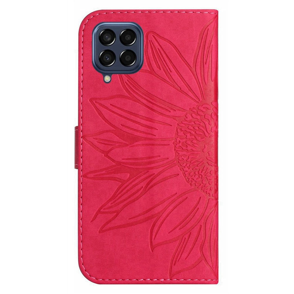 For Samsung Galaxy M33 5G (Global Version) HT04 Skin-Touch PU Leather Phone Shockproof Case Imprinted Sunflower Flip Stand Wallet Cover with Hand Strap - Rose