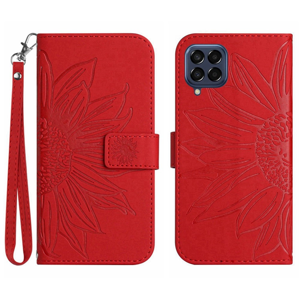 For Samsung Galaxy M53 5G HT04 Skin-touch PU Leather Cellphone Guard Cover Imprinted Sunflower Stand Wallet Phone Case with Strap - Red