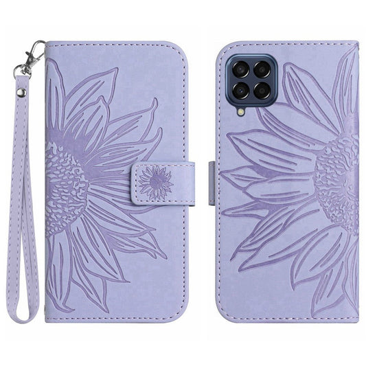 For Samsung Galaxy M53 5G HT04 Skin-touch PU Leather Cellphone Guard Cover Imprinted Sunflower Stand Wallet Phone Case with Strap - Light Purple