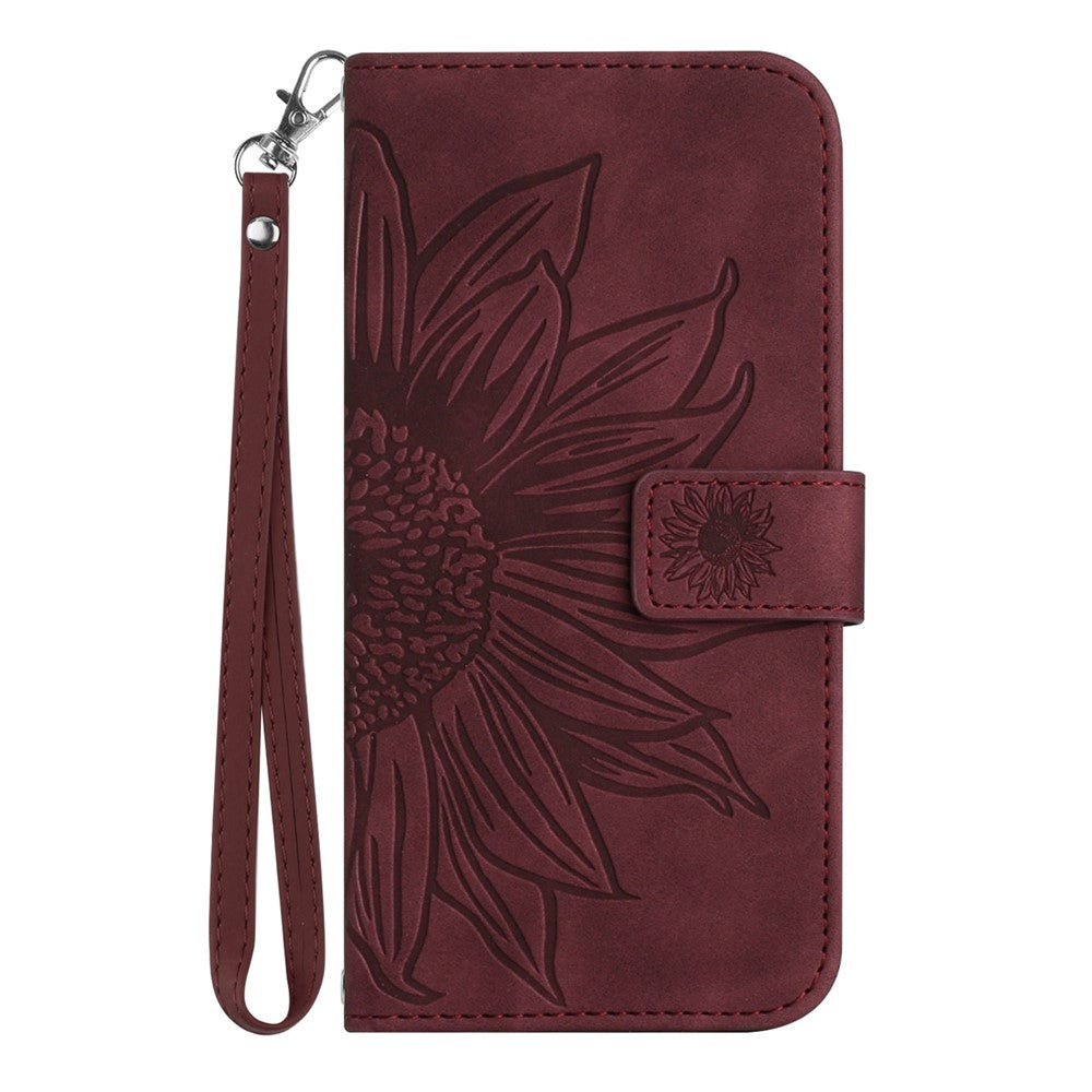 For Samsung Galaxy M53 5G HT04 Skin-touch PU Leather Cellphone Guard Cover Imprinted Sunflower Stand Wallet Phone Case with Strap - Wine Red