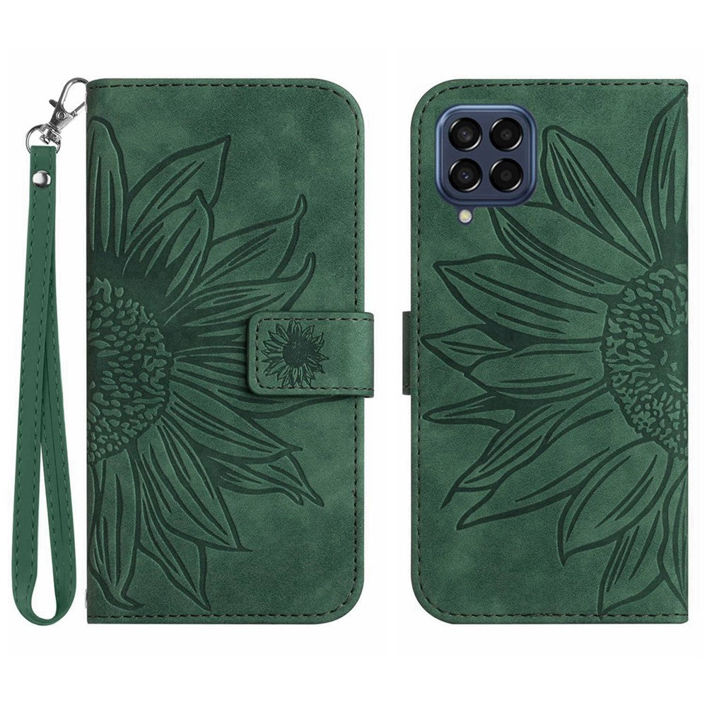 For Samsung Galaxy M53 5G HT04 Skin-touch PU Leather Cellphone Guard Cover Imprinted Sunflower Stand Wallet Phone Case with Strap - Dark Green