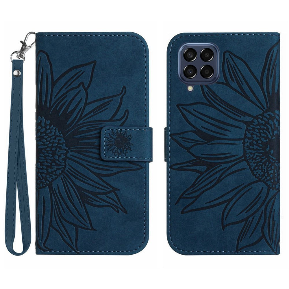 For Samsung Galaxy M53 5G HT04 Skin-touch PU Leather Cellphone Guard Cover Imprinted Sunflower Stand Wallet Phone Case with Strap - Dark Blue