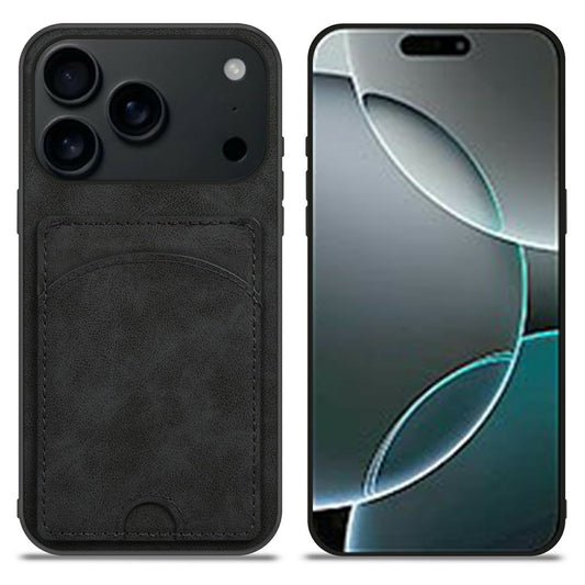 For iPhone 17 Pro Max Case Kickstand Leather Coated TPU Phone Cover with Card Slot - Black