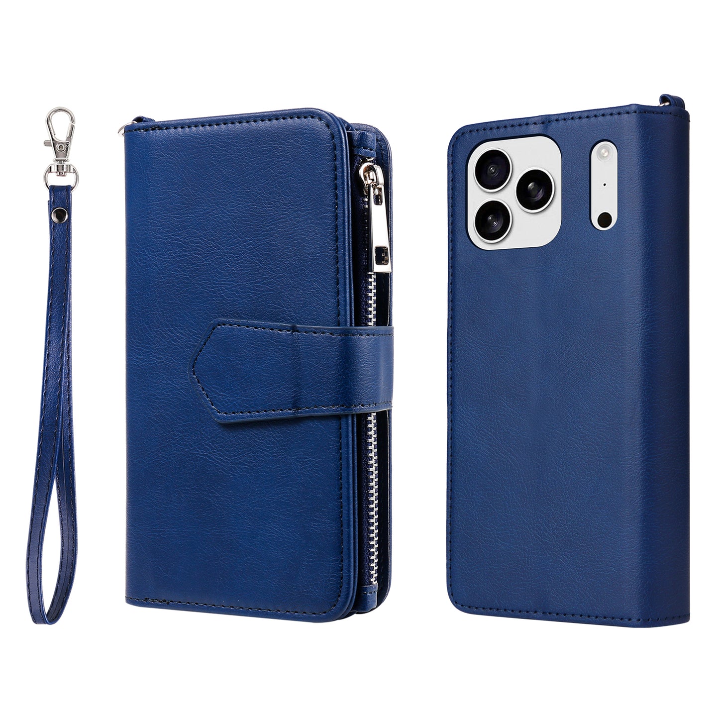For iPhone 17 Pro Max Magnetic Leather Case Mobile Cover with Detachable Zipper Wallet Strap - Blue