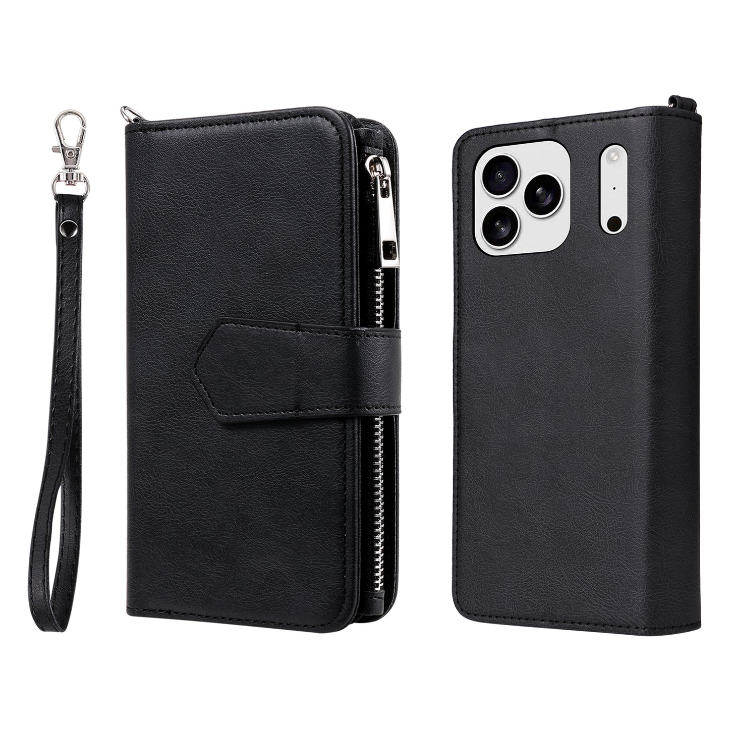 For iPhone 17 Pro Max Magnetic Leather Case Mobile Cover with Detachable Zipper Wallet Strap - Black