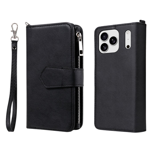 For iPhone 17 Pro Max Magnetic Leather Case Mobile Cover with Detachable Zipper Wallet Strap - Black