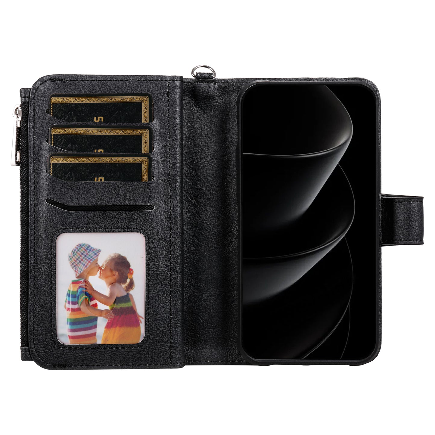 For iPhone 17 Pro Max Magnetic Leather Case Mobile Cover with Detachable Zipper Wallet Strap - Black