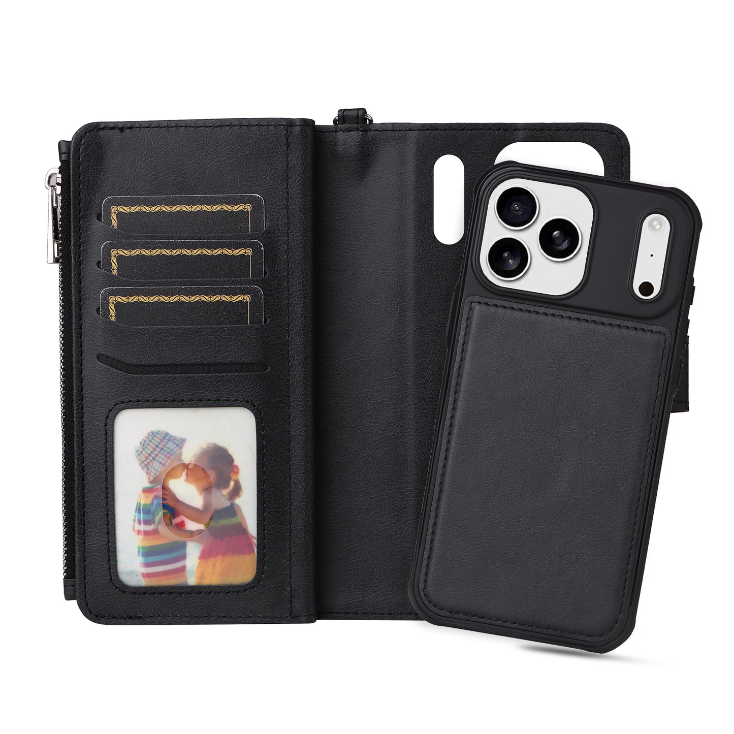 For iPhone 17 Pro Max Magnetic Leather Case Mobile Cover with Detachable Zipper Wallet Strap - Black
