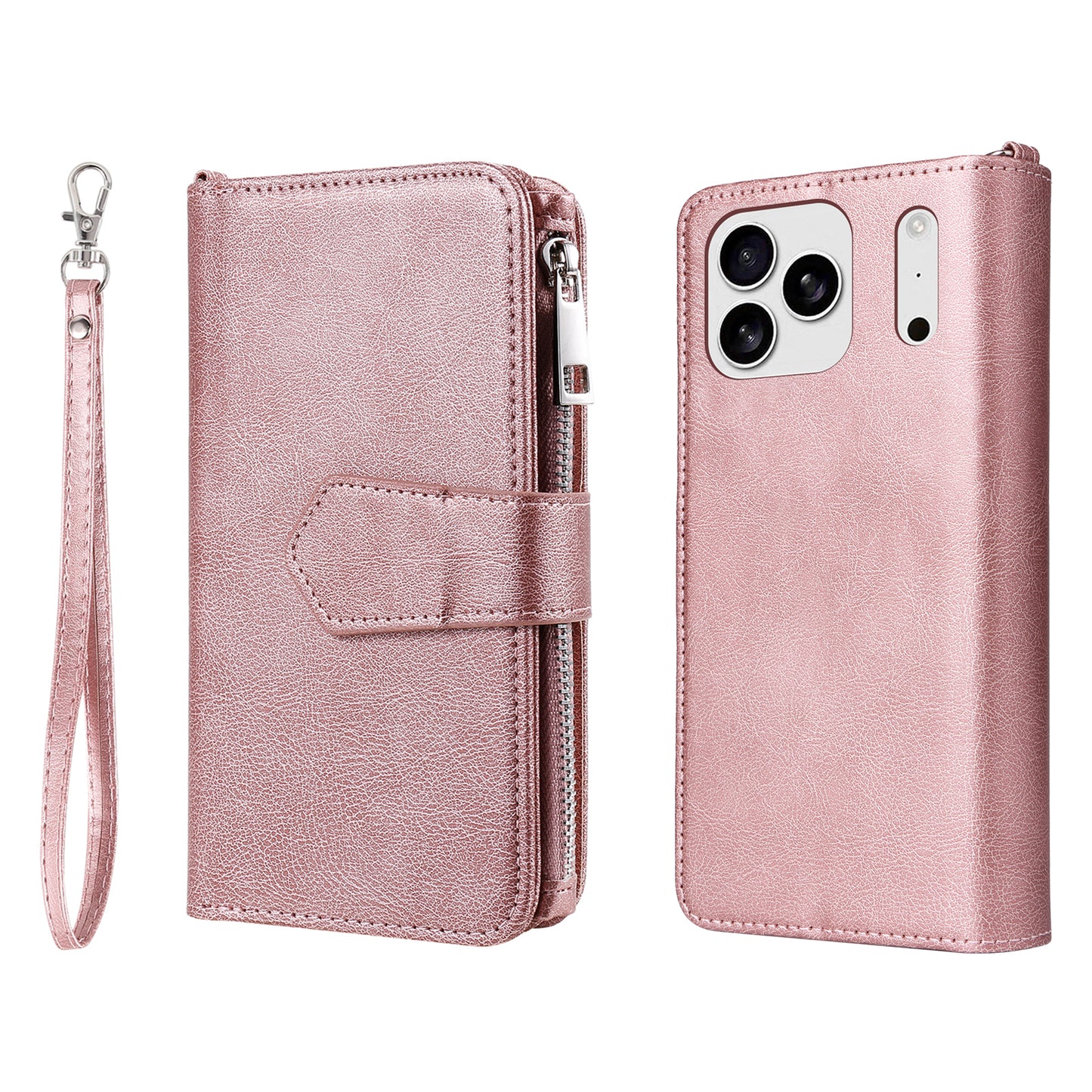 For iPhone 17 Pro Max Magnetic Leather Case Mobile Cover with Detachable Zipper Wallet Strap - Rose Gold
