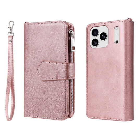 For iPhone 17 Pro Max Magnetic Leather Case Mobile Cover with Detachable Zipper Wallet Strap - Rose Gold