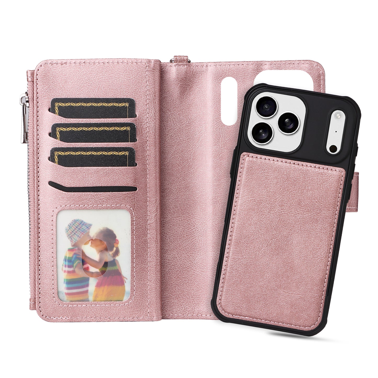 For iPhone 17 Pro Max Magnetic Leather Case Mobile Cover with Detachable Zipper Wallet Strap - Rose Gold