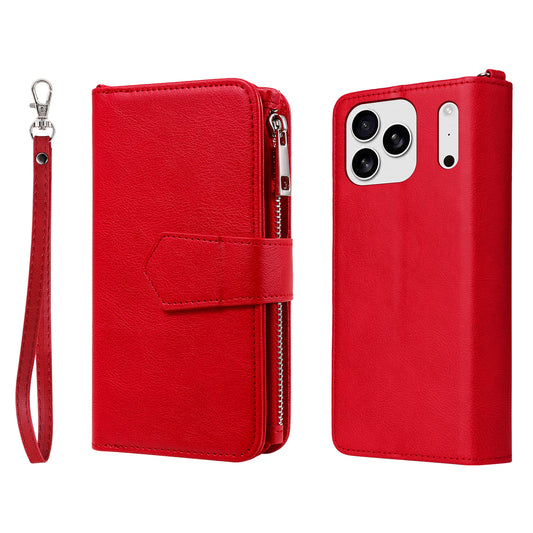 For iPhone 17 Pro Max Magnetic Leather Case Mobile Cover with Detachable Zipper Wallet Strap - Red