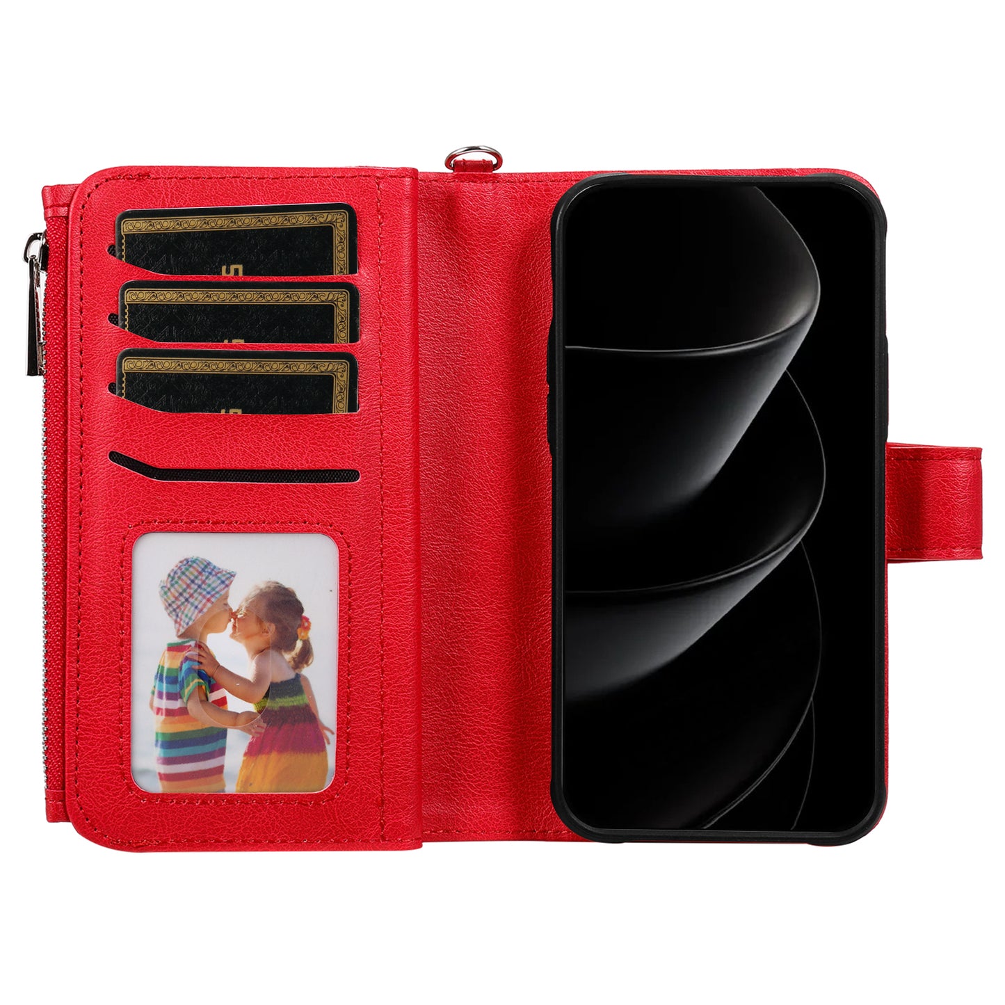 For iPhone 17 Pro Max Magnetic Leather Case Mobile Cover with Detachable Zipper Wallet Strap - Red