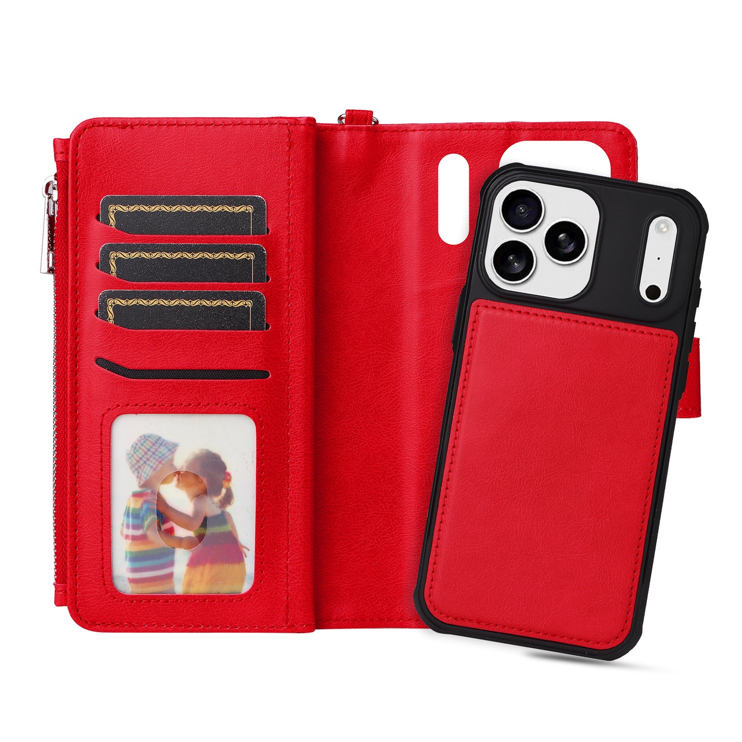For iPhone 17 Pro Max Magnetic Leather Case Mobile Cover with Detachable Zipper Wallet Strap - Red